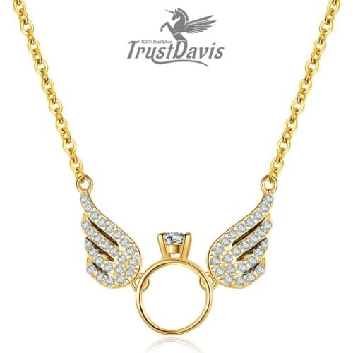 TrustDavis Real 925 Sterling Silver Angle Wings Zircon Pendant Necklace Women 14K Gold Plated Wedding Luxury Jewelry Gift L124