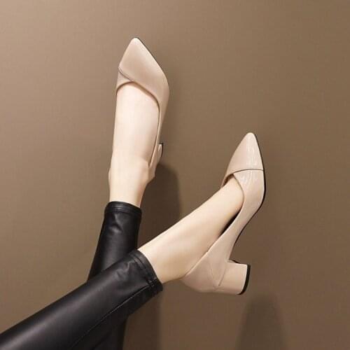 Summer white light mouth single shoes womens middle heel pointed high heels professional work shoes womens black thick heels s