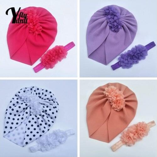 Yundfly Fashion Chiffon Flowers Infant Hat and Elastic Hairband Set Soft Comfortable Baby Girl Turban Cap Kids Photography Props