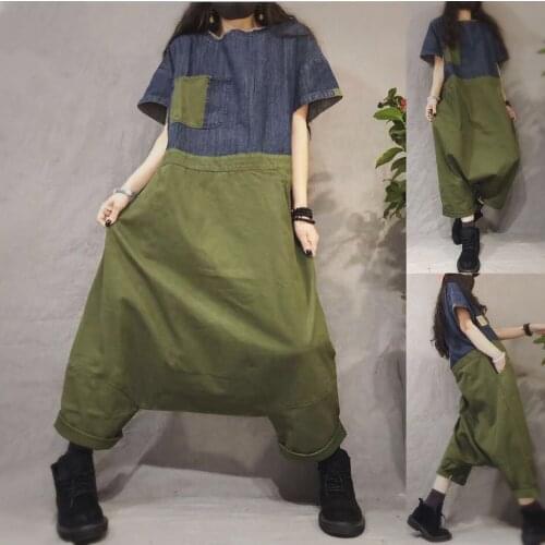 Women Baggy Patchwork Jumpsuits Short Sleeve denim Jumpsuits O-Neck hanging crotch Rompers Cowboy One-piece Working Overalls