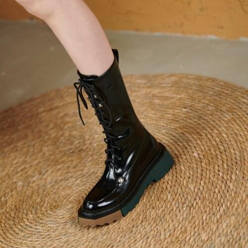 Mordoan leather womens boots, womens mid-length boots, British style knight boots, thick-soled snow boots