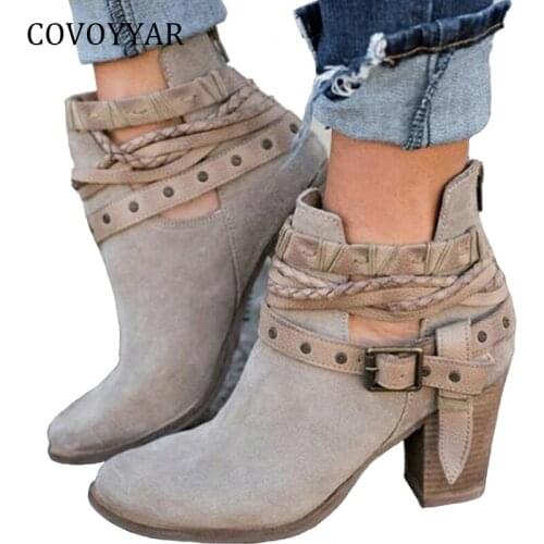COVOYYAR Hot Vintage British Martin Ankle Boots 2021 Autumn Winter Back Zip Square Heel Women Motorcycle Boots Big Sizes WBS805
