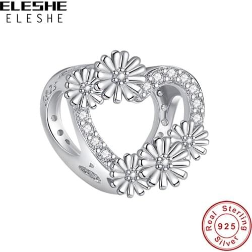 ELESHE Wholesale 100% 925 Sterling Silver Tiny Daisy Flower With CZ Charm Heart Bead Fit Original Bracelet DIY Jewelry For Women
