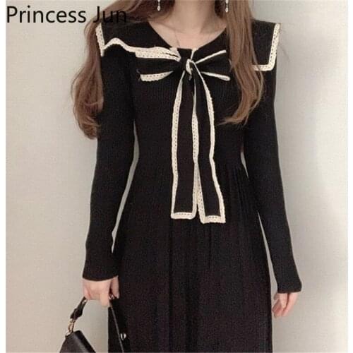 Spring New Fashion Navy Collar Women Sweet Knit Dress Elegant Long Sleeve Lace Stitching Bow Dress Waisted A Line Sweater Dress