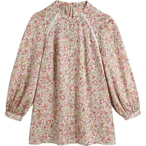 ZXQJ Women 2021 Fashion Print Lace Floral Loose Blouse Vintage Three Quarter Sleeve Button-up Female Shirts Chic Tops