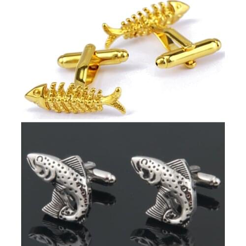 10pairs/lot Lucky Jumping Fish Cufflinks Copper Plating Gold Fish Bone Fishbone Cuff Links Mens Jewelry Wholesale