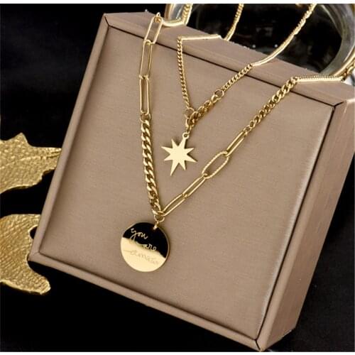 316L Stainless Steel Hip Hop Double Detachable Length and Short Titanium Steel Hexagonal Letter Round Pendant Necklace No Fade