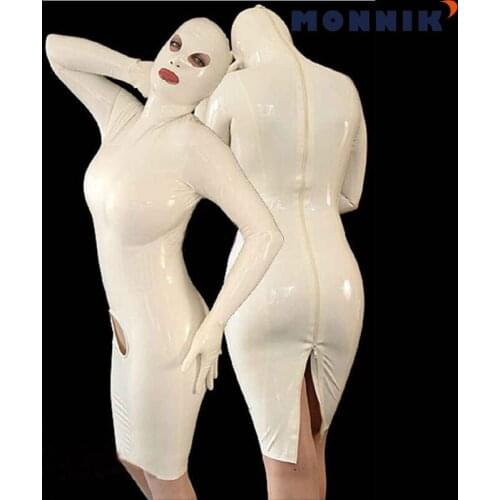 MONNIK latexSexy White Latex Rubber Women Dress With Hood Mask Gummi 0.4mm Unique Party Wear