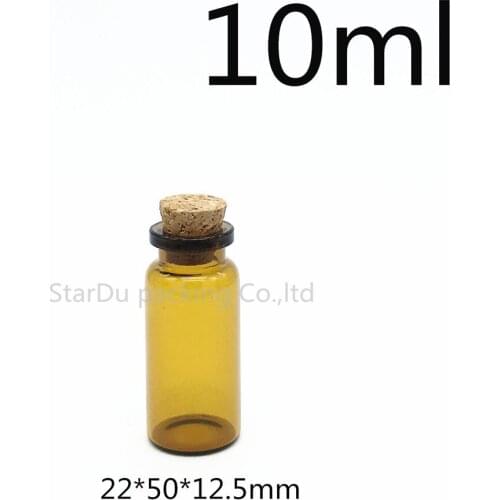 Free Shipping 100pcs 10ml Small amber Glass Bottle Jars with Cork Lid, Vials Jars Containers Small Wishing,Cosmetic Packaging