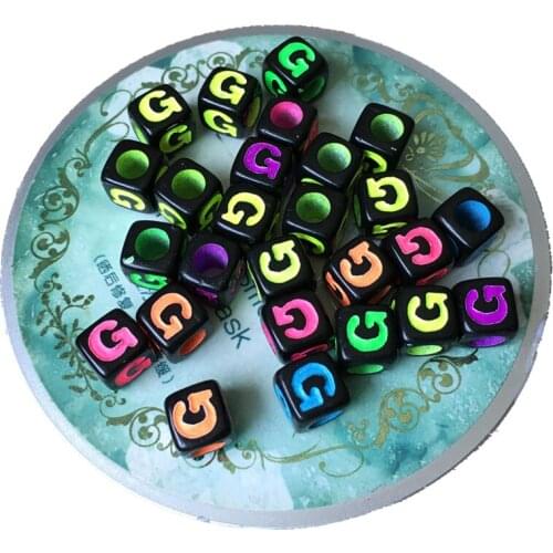 Free shipping 100pcs 7*7mm Neon Colors Single Initial G Printing Plastic Cube Square Alphabet jewelry Beads English Letter Beads