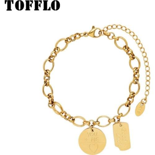 TOFFLO Stainless Steel Jewelry Round Brand Square pendant Bracelet Womens Fashion Big And Small Ring Thick Chain BSE188