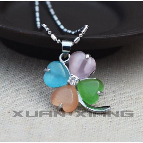 6pcs/Lot Color Cats Eye Stone Pendant Lucky Grass Pendant Necklace Four Petals Gift for Womens Jades Stone Jewerly Free Chain