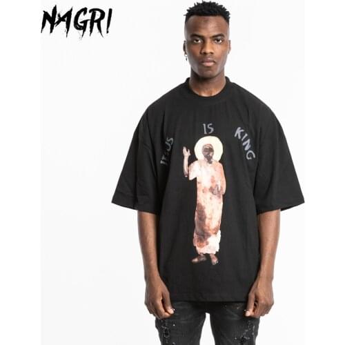 NAGRI Kanye Jesus Is King T shirt Aesthetic Men Funny Letter Graphic Tops Hip Hop Hipster Black White Cotton Mens T-shirts