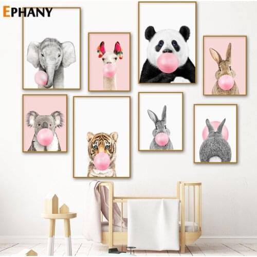 Kawaii Pink Bubble Gum Animal Child Poster Nursery Canvas Print Wall Art Painting Nordic Kids Decoration Picture Baby Room Decor