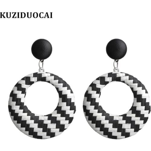 Kuziduocai New Fashion Jewelry Retro Bohe Punk Rattan Weaving Leather Hollow Dangle Round Statement Drop Earrings For Woman E890