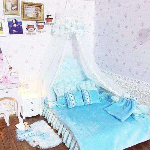 1:6 Furniture for dolls Dollhouse Miniature doll bed kawaii simulation soft gorgeous blue bed pretend play toys for girls gifts