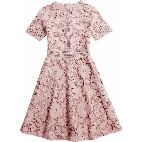 VSUE Pink White Black Blue Lace O Neck Short Sleeve Zipper Mini Dress A-line Summer Elegant Solid D0405