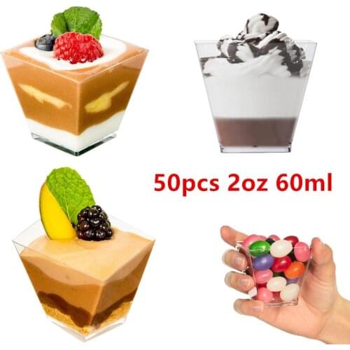 50pcs Reusable Dessert Cup 2oz 60ml Plastic Cups Square Jelly Mousses Dessert Cup Mini Food Container for Party Birthday Decor