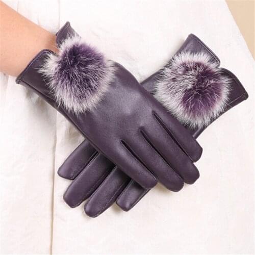 Trendy Rabbit Fur Ball PU Leather Winter Warm Gloves Women Ladies Mittens Apparel Accessories 3115