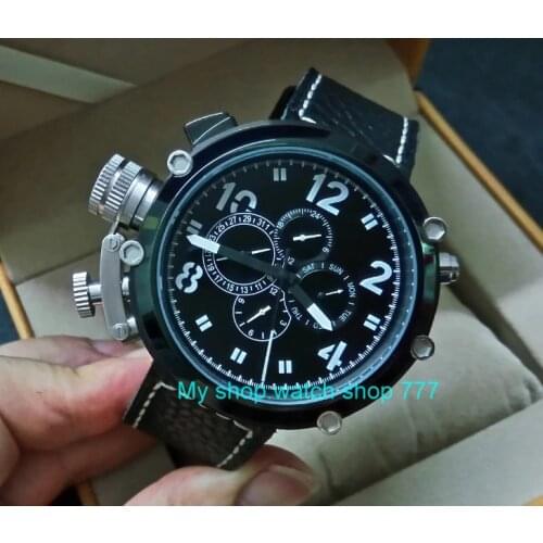 50mm PARNIS left hand crown black dial Automatic Self-Wind movement Auto Date Mens watch cow Leather strap PVD case 399A