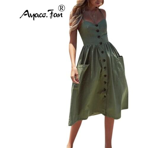 Womens Sexy Summer Dresses 2019 Boho Plus XXXL Backless Sleeveless Button Striped Solid Midi Dress Slip Sundress With Pockets