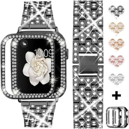 Metal Diamond Strap with Case for Apple watch case 44 mm 42mm 40mm 38mm Woman replacement wristband for iwatch 6 5 4 3 2 1 SE