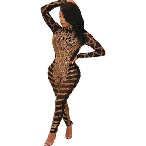 Luxury Rhinestone Sparkly Jumpsuit Women Turtleneck Long Sleeve Mesh Romper Sexy Sheer Birthday Nightclub Bodycon Party Overalls