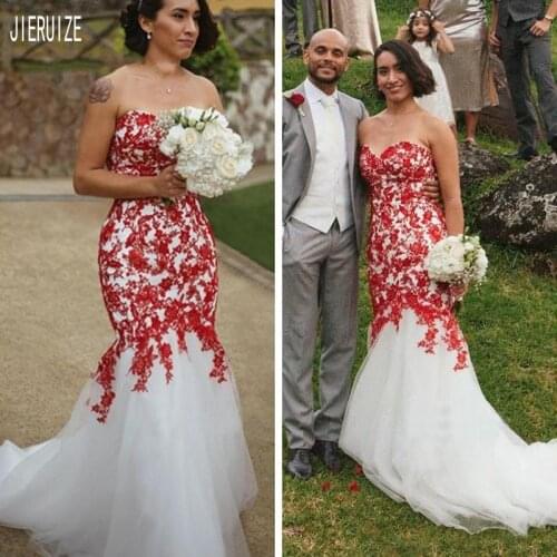 JIERUIZE White and Red Lace Mermaid Wedding Dresses Sweetheart Neck Lace Up Back With Appliques Bridal Dresses vestido de noiva