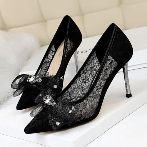Women Shoes Pointed Toe Pumps Hollow Lace Rhinestone Bow 8.5CM thin High Heels Boat Wedding Dress Office Shoes