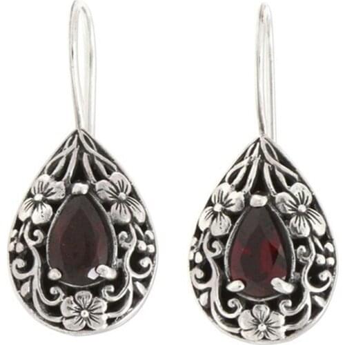 Vintage Water Droplets Pear Shape Dangle Earrings for Women Red Rhinestone Wedding Ethnic Red Stone Earrings Jewelry Gifts
