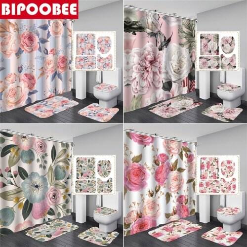 High Quality Pink Printed Bathroom Curtains Set Waterproof Fabric Shower Curtain Toilet Lid Cover Non-Slip Rugs Bath Mats