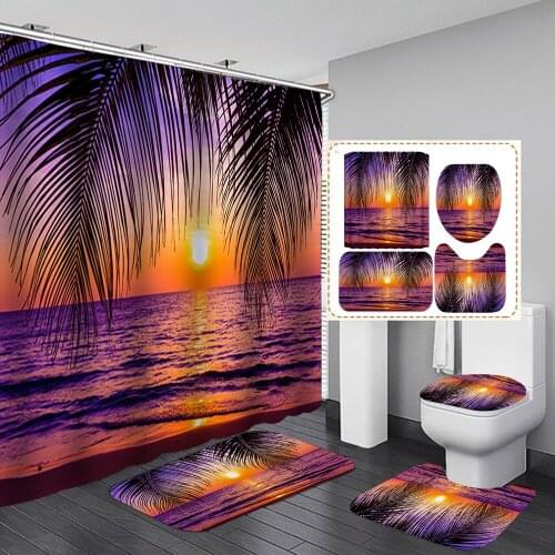 High Quality Dusk Beach Scenery Bathroom Curtains Bath Mat Rugs Set Sunset Seaside Fabric Shower Curtain Toilet Cover Rug Carpet