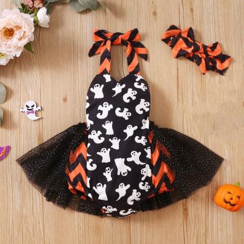 Baby Girls Halloween Romper Black Printed Pattern Sleeveless Halter Neck Tutu Dress Jumpsuit + Headband Outfit