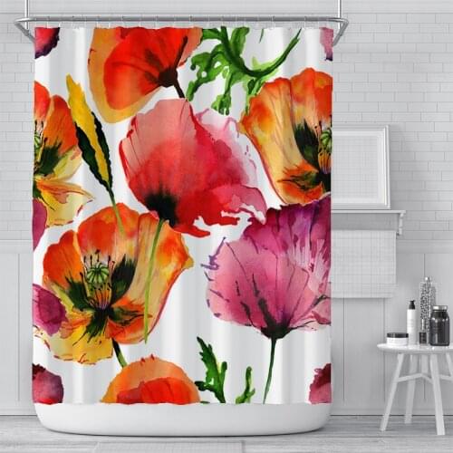 Flowers Print Shower Curtain Waterproof Flower Painting Bath Curtains Bathroom Decorative Curtains With Hooks 180*180cm