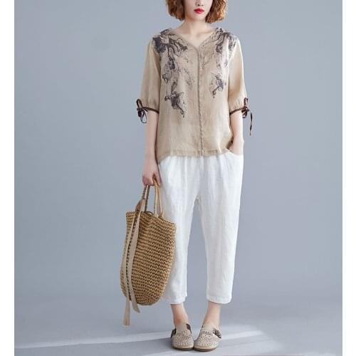 Oriental Style Clothing Women Tops Summer 2020 Linen T-Shirt-Women Oversized Tshirt Vintage Blouse Ladies Chinese Tops 10017
