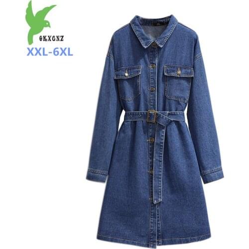 Plus size 6XL Long sleeve denim trench coat women long jeans outerwear female belt Single-breasted coat 140kg can be worn G655