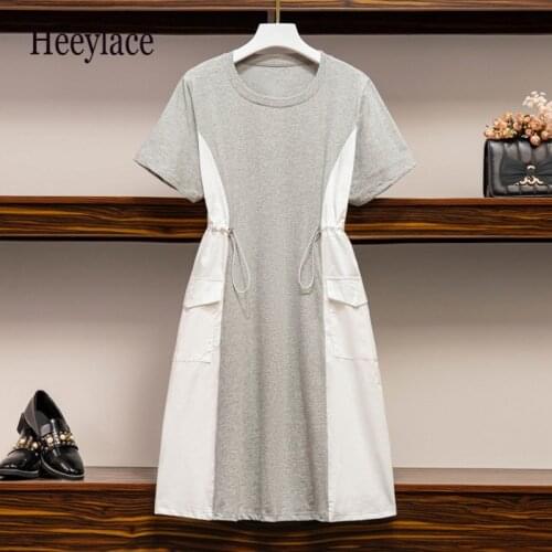 Plus Size 2021 Summer Pullover Patchwork Dress For Women Short Sleeve O-Neck Two Pockets Elastic Waist Drawstring Casual Dresses