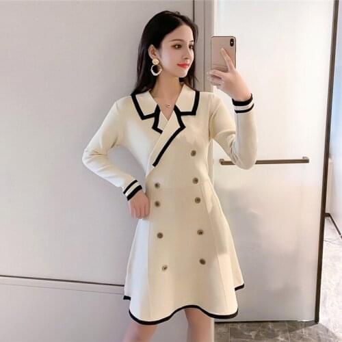 Autumn Office Notched Double-Breasted Knitted Sweater Dress Female Elegant Hit Color Long Sleeve Fashion Chic Dress