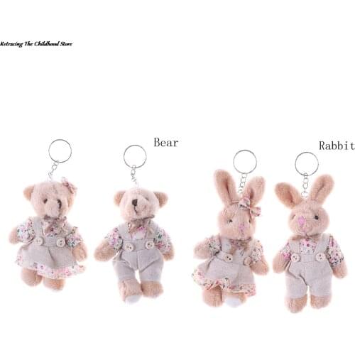1 Pair 11cm Floral Cloth Teddy Bear Rabbit Bunny Dolls Key Bag Pendants Couple Bear Rabbit Plush Keychain Lovers Friends Gift