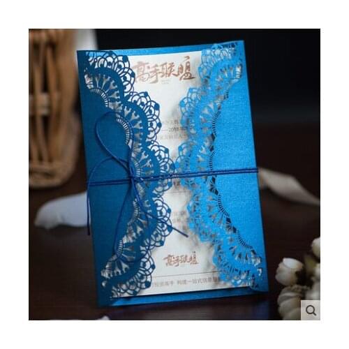 10pcs Gold Blue Red Laser Cut Wedding Invitations Card Elegant Print With Ribbon Wedding Event Birthday Party Decoration