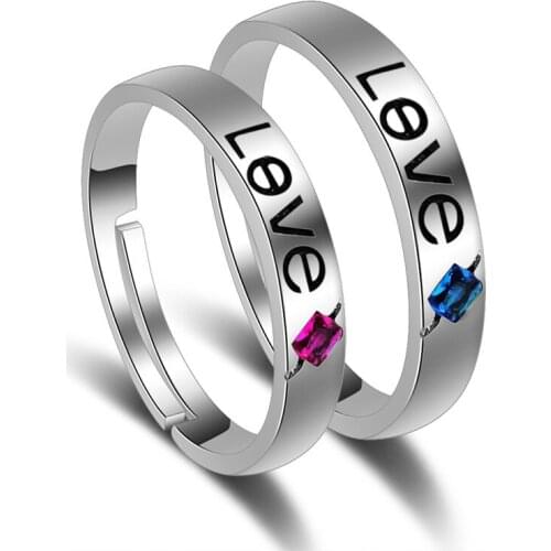 100% 925 sterling silver fashion "LOVE"design crystal lovers`rings adjustable finger ring jewelry anniversary gift drop shipping
