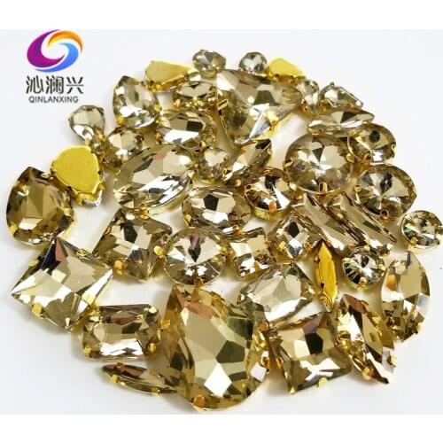 58pcs/bag Gold base Light coffee mix shape top crystal glass sew on stones,Super flash claw rhinestone diy/Clothing accessories