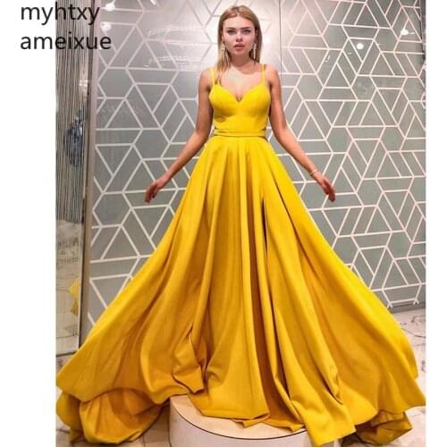 Spaghetti Straps Yellow Prom Dresses Long Satin New Simple Formal Party Gowns A-line Vestido De Fiesta Graduacion Dress Elegant