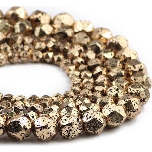 Ancient 14 Glod Faceted Round Spacers Loose Beads Natural Volcanics Lava Stone 6/8/10/12mm15" For Jewelry Making DIY Accessories