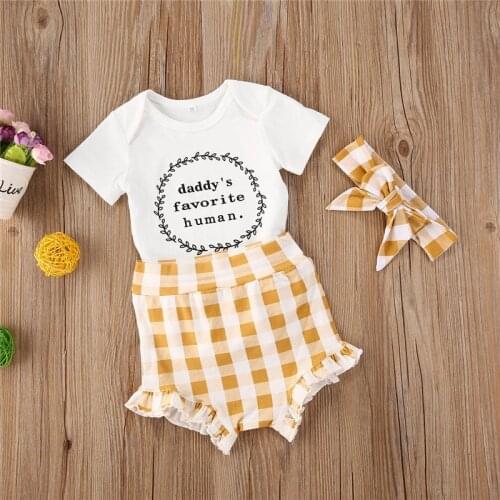 2021 Newborn Baby Girl Clothes Set Summer Casual Short Sleeve Romper Plaid Shorts Headband 3Pcs Outfit Newborn Infant Clothing