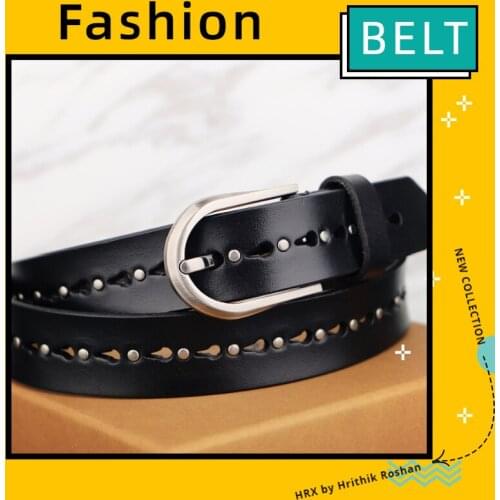 Leather Belt Womens Free Punch Leather Black Rivet Punk Fashion Wild European and American-Style Full Hole Belt Jeans Belt