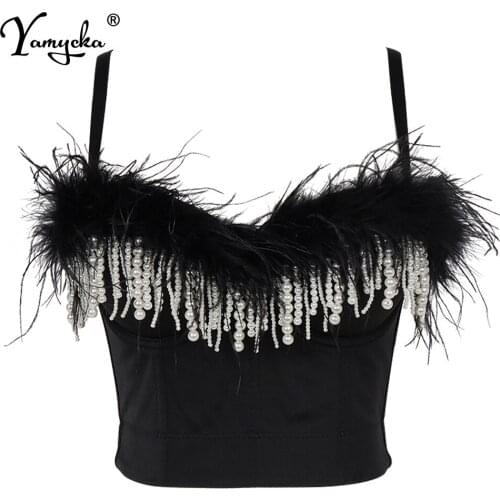 Sexy feather pearl corset crop top women summer halter bustier party tank y2k top push up bra clubwear tube Cropped ladies tops
