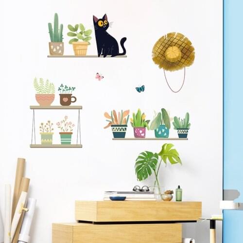 Cute Kitten flower pot wall stickers living room bedroom home wall decoration art mural stickers combination removable wallpaper