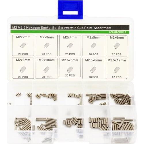 M2 M2.5 Hexagon Socket Set Screws with Cup Point Assortment Kit,M2 M2.5 Cup Point Grub Screws,Stainless Steel,200 PCS