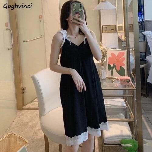 Nightgowns Womens Lace Patchwork Simple Leisure Sleeveless Sexy Elegant Lady Tender Students Cute Sleepwear Nightdress Female